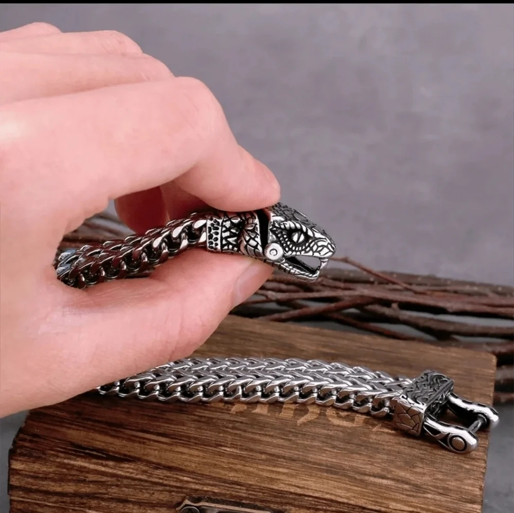 Nordic Viking Stainless Steel Snake Head Men Bracelet 9" - Picture 3 of 7